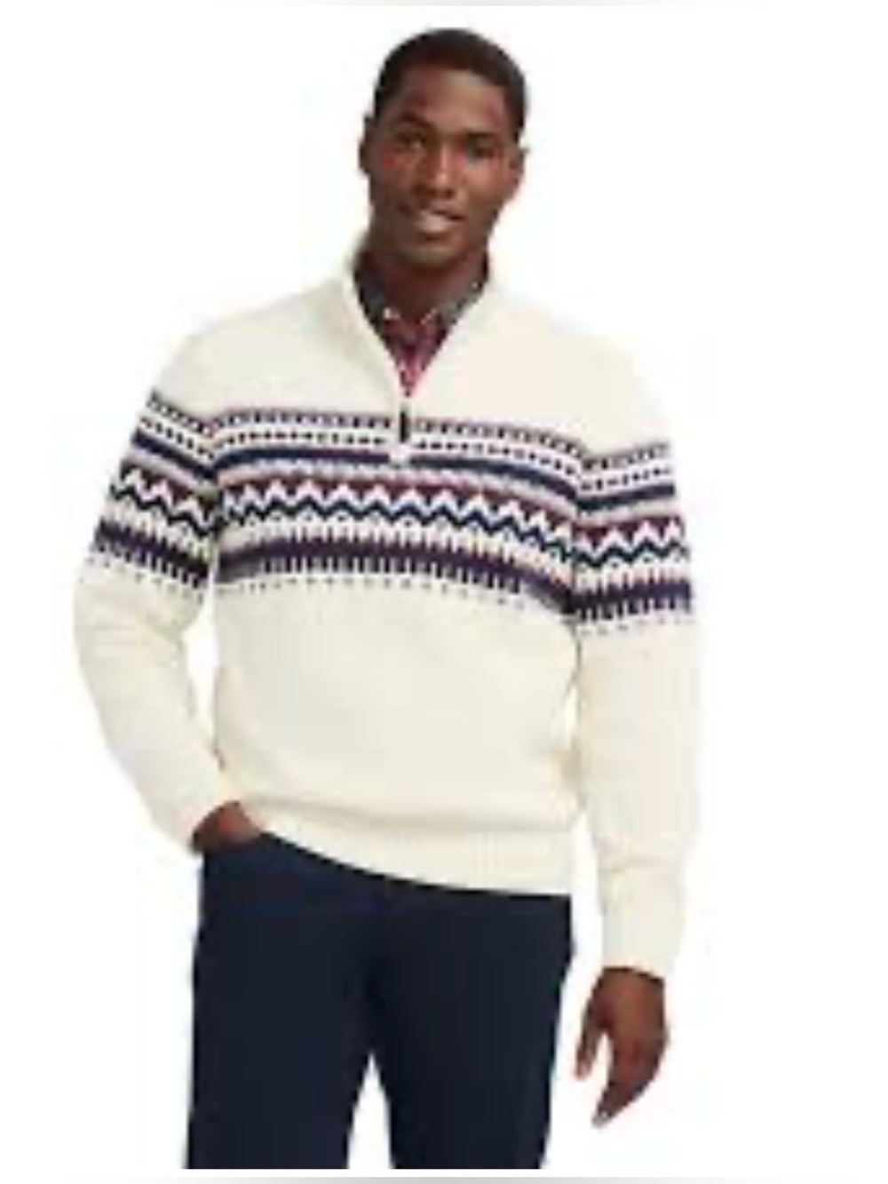 NWT Izod Cream Quarter-Zip Sweater with Navy and Burgundy Accents